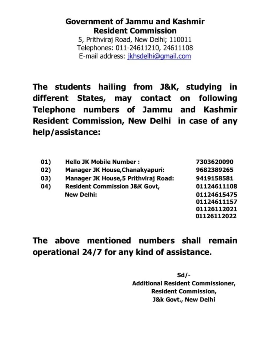 TheKashmiriyat's tweet photo. The Jammu Kashmir government opens a helpline for students studying outside Kashmir. https://t.co/GwDFQMWL9q