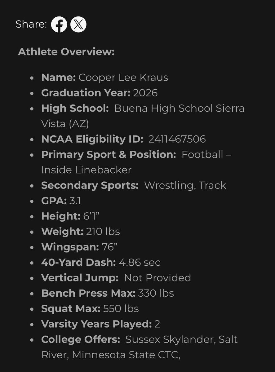 Cooper Kraus (@cooperkraus52) on Twitter photo Honored and blessed to receive a profile and a 3 Star ⭐️ ⭐️⭐️ Rating from Complete College Prospects <a href="/ccprospects23/">complete college prospects</a>!!!
Coaches checkout my profile at the link….
ccprospects.com
<a href="/KeyPlayerNation/">KeyPlayer®️Nation</a>
<a href="/TrckFtblrecruit/">Tracking Football Recruiting</a>
<a href="/SunilSportsNews/">Sports News By Sunil Sunder Raj</a>
<a href="/gridironarizona/">Gridiron Arizona</a>
<a href="/sixstarfootball/">Six Star Football | PLUS+</a> Honored and blessed to receive a profile and a 3 Star ⭐️ ⭐️⭐️ Rating from Complete College Prospects <a href="/ccprospects23/">complete college prospects</a>!!!
Coaches checkout my profile at the link….
ccprospects.com
<a href="/KeyPlayerNation/">KeyPlayer®️Nation</a>
<a href="/TrckFtblrecruit/">Tracking Football Recruiting</a>
<a href="/SunilSportsNews/">Sports News By Sunil Sunder Raj</a>
<a href="/gridironarizona/">Gridiron Arizona</a>
<a href="/sixstarfootball/">Six Star Football | PLUS+</a>