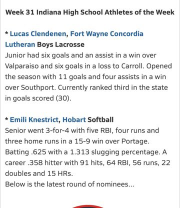 Let’s hear it for Emili Knestrict!  Indiana’s Week 31 Athlete of the week!