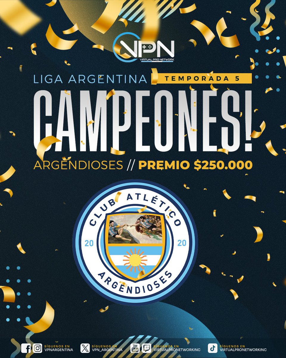 VPN Argentina (@vpn_argentina) on Twitter photo 🏆¡Felicitaciones a Argendioses ! 🏆
🙌 Se consagraron campeones de la Liga VPN 1ra División - Temporada 5. 🏆¡Felicitaciones a Argendioses ! 🏆
🙌 Se consagraron campeones de la Liga VPN 1ra División - Temporada 5.