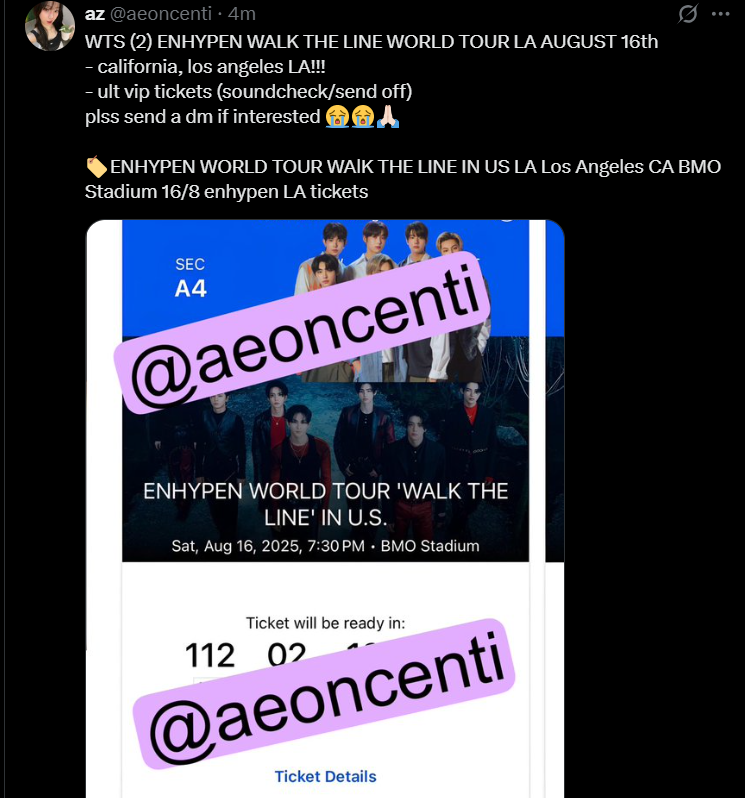 hoonwonlyn's tweet photo. hi guys please beware! this person is a scam!!! they're trying to sell tickets to enhypen's la stop ultimate vip. they keep deleting and reposting‼️‼️ https://t.co/j1uVSh4qcg