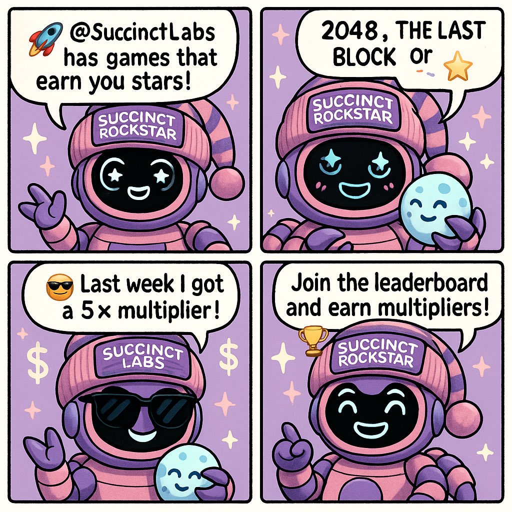 Natalia77351991's tweet photo. ๐ Yo, @SuccinctLabs is serving up games hotter than a GPU on overdrive! ๐ฅ These games arenโt just funโtheyโre a star-earning EXTRAVAGANZA! ๐๐ซ
Smash through 2048 ๐ข, outsmart THE LAST BLOCK ๐งฑ๐ง , or flex your skills in SUPER PROVER ๐น๏ธ, and watch those stars stack like a crypto bull run! ๐๐ค
Every week, Iโm grinding for that sweet, sweet multiplierโlast time I snagged a 9.9x like it was my birthright! ๐๐ฅ
Pro tip: let your mom hit the claim button for that >5x luck (true story, @breezyjpg knows whatโs up)! ๐๐ฉโ๐ฆ๐
With $10 weekly credits, Iโm farming stars faster than a bot on a roll-up feast! ๐ฑโ๏ธ๐จ
Join the @SuccinctLabs leaderboard, flex your gamer grit, and claim those multipliers like a BOSS! ๐๐ #SuccinctStars #StarGang #ToTheMoon ๐โจ