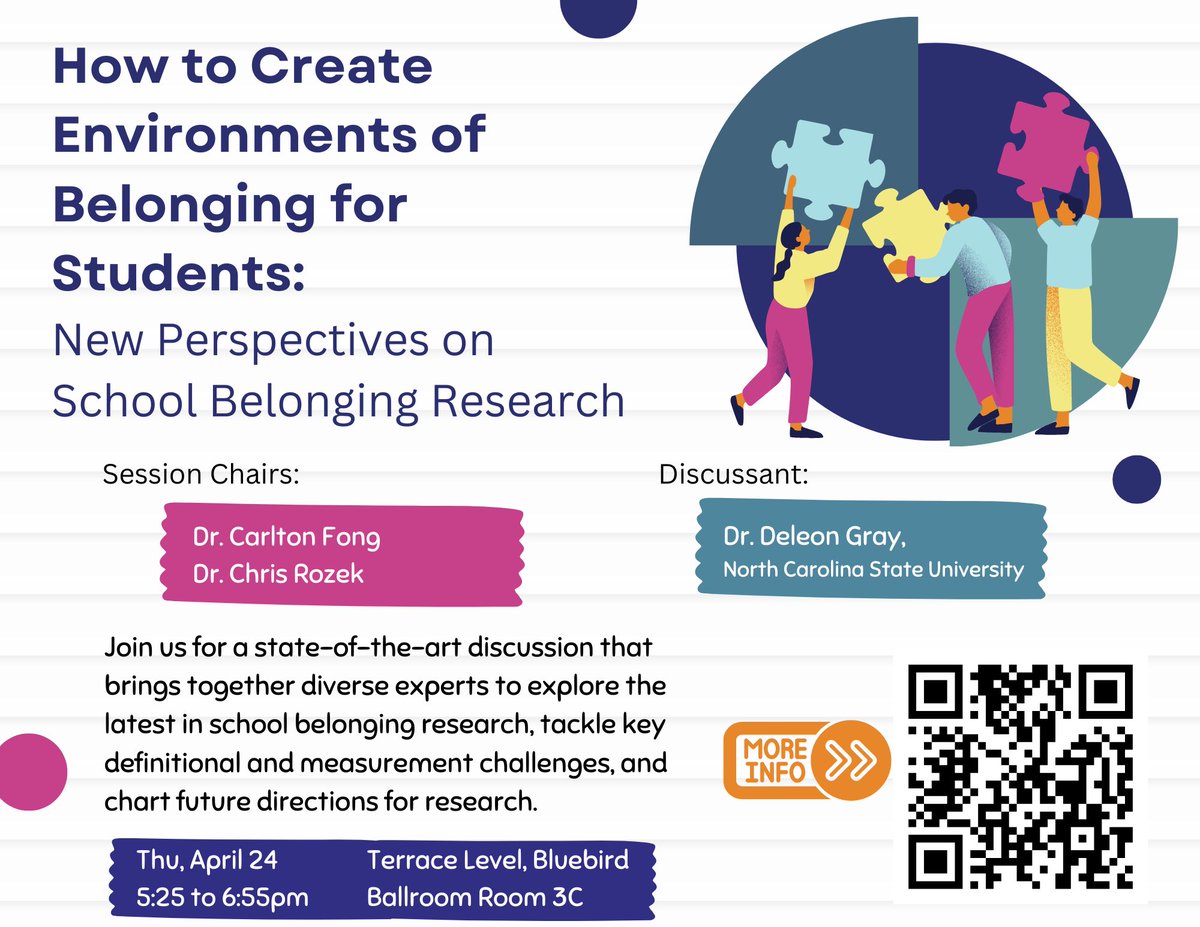 Please join in if you can: 

"How to Create Environments of Belonging for Students: New Perspectives on School Belonging Research.”

Thu, April 24, 5:25 to 6:55pm (Mountain time)
The Colorado Convention Center, Floor: Terrace Level, Bluebird Ballroom Room 3C