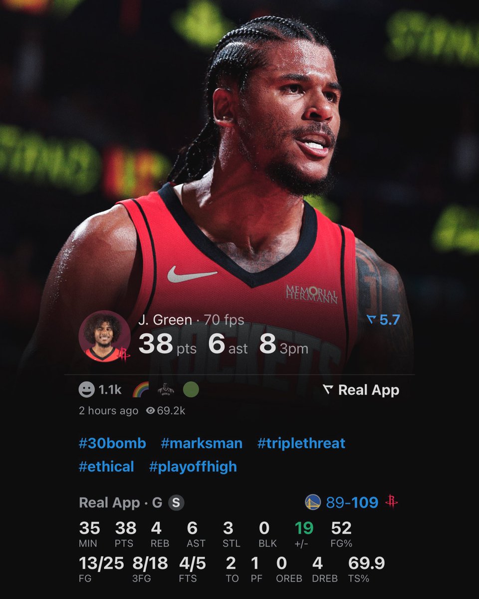 Hoop Central (@thehoopcentral) on Twitter photo JALEN GREEN TONIGHT:
38 POINTS
6 ASSISTS
4 REBOUNDS
3 STEALS
52% FG
PLAYOFF JALEN GREEN. 🔥 (VIA <a href="/realapp_/">Real Sports</a>) JALEN GREEN TONIGHT:
38 POINTS
6 ASSISTS
4 REBOUNDS
3 STEALS
52% FG
PLAYOFF JALEN GREEN. 🔥 (VIA <a href="/realapp_/">Real Sports</a>)