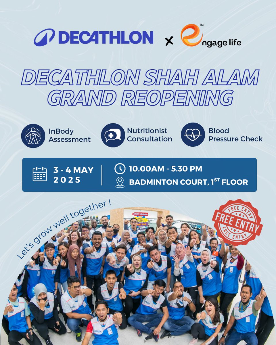 EngageLifeMY's tweet photo. We’re popping up at the Decathlon Shah Alam Grand Reopening and you’re invited! 🎉

See you there !

#GrowingWellTogether #DecathlonReopening #communitywellness #HealthyMalaysia #JomSihat #DecathlonMalaysia #engagelife #gwt https://t.co/7qHsr8uP3e