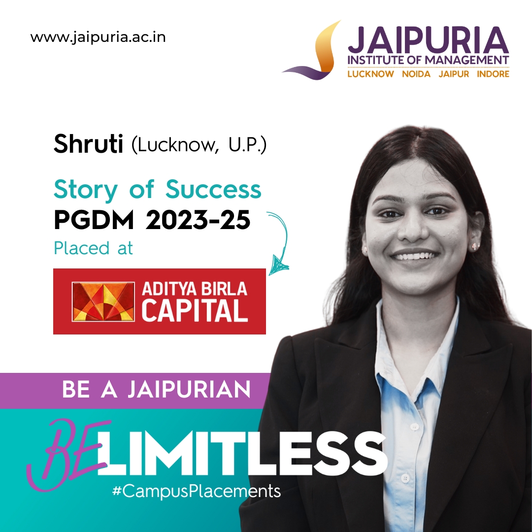 Big shoutout to Shruti from Lucknow! 🎯
Now placed at Aditya Birla Capital through Jaipuria’s PGDM 2023–25 program.
Next-gen finance leader in the making. 💼
Apply now 👉 jaipuria.ac.in

#CampusPlacements #BeLimitless #WomenInFinance #AdityaBirlaCapital