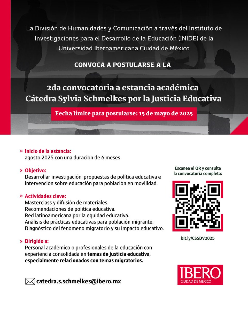 INIDE (@inidedelauia) on Twitter photo #Difusión |🎓 ¿Te apasiona la justicia educativa y trabajas con población migrante?¡Postúlate a la estancia académica de la Cátedra Sylvia Schmelkes del Valle en la <a href="/IBERO_mx/">IBERO CDMX</a>!
🌎 Investiga, colabora y transforma.
📅 Cierra: 15 de mayo
📲 bit.ly/CSSDV2025 #Difusión |🎓 ¿Te apasiona la justicia educativa y trabajas con población migrante?¡Postúlate a la estancia académica de la Cátedra Sylvia Schmelkes del Valle en la <a href="/IBERO_mx/">IBERO CDMX</a>!
🌎 Investiga, colabora y transforma.
📅 Cierra: 15 de mayo
📲 bit.ly/CSSDV2025