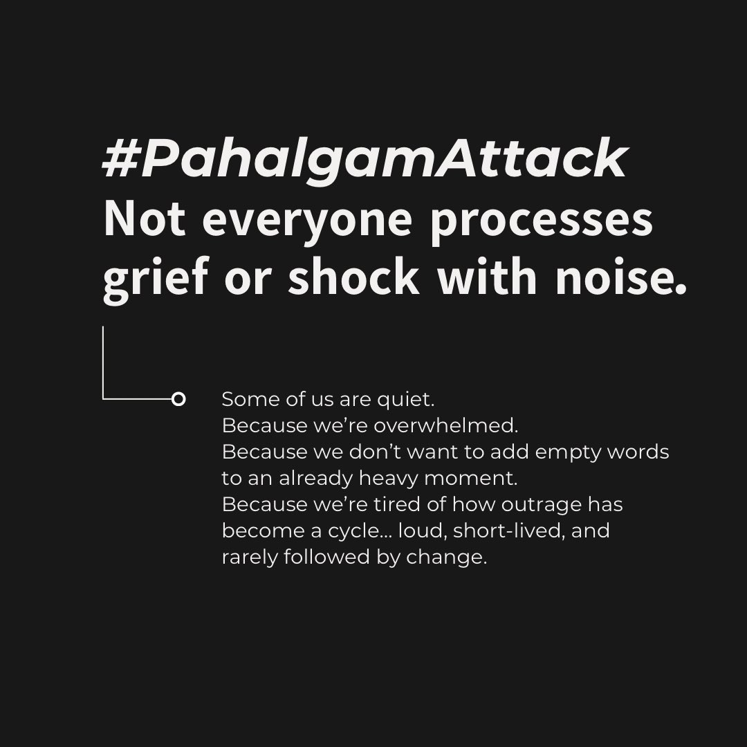 Pranita Jonnalagedda (@pranitaravi) on Twitter photo In the aftermath of the #Pahalgam terrorist attack, I saw several people posting:
“Why aren’t more people speaking up?”, “Why are you silent now?”, “You reacted then, but why aren’t you reacting now?”…
I understand the questions. But I also want to say this: 𝗡𝗼𝘁 In the aftermath of the #Pahalgam terrorist attack, I saw several people posting:
“Why aren’t more people speaking up?”, “Why are you silent now?”, “You reacted then, but why aren’t you reacting now?”…
I understand the questions. But I also want to say this: 𝗡𝗼𝘁