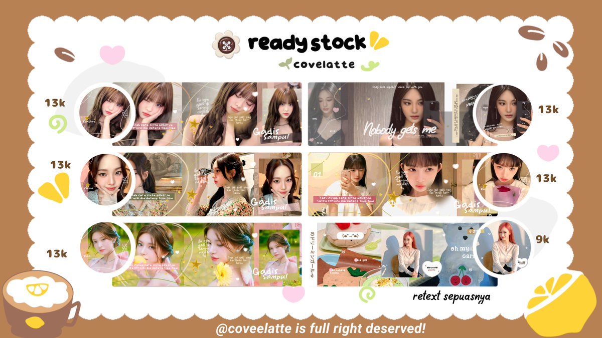 coveelatte's tweet photo. help repost ia, thankyou

good morning, dinci kembali lagi bawa ready stock layout eunchae, karina, yiren, ningning, rei, dan giselle yg bisa di bawa pulang sekarang juga.   mari jajan🫶🏻 #zonauang https://t.co/mM7372g5Ia