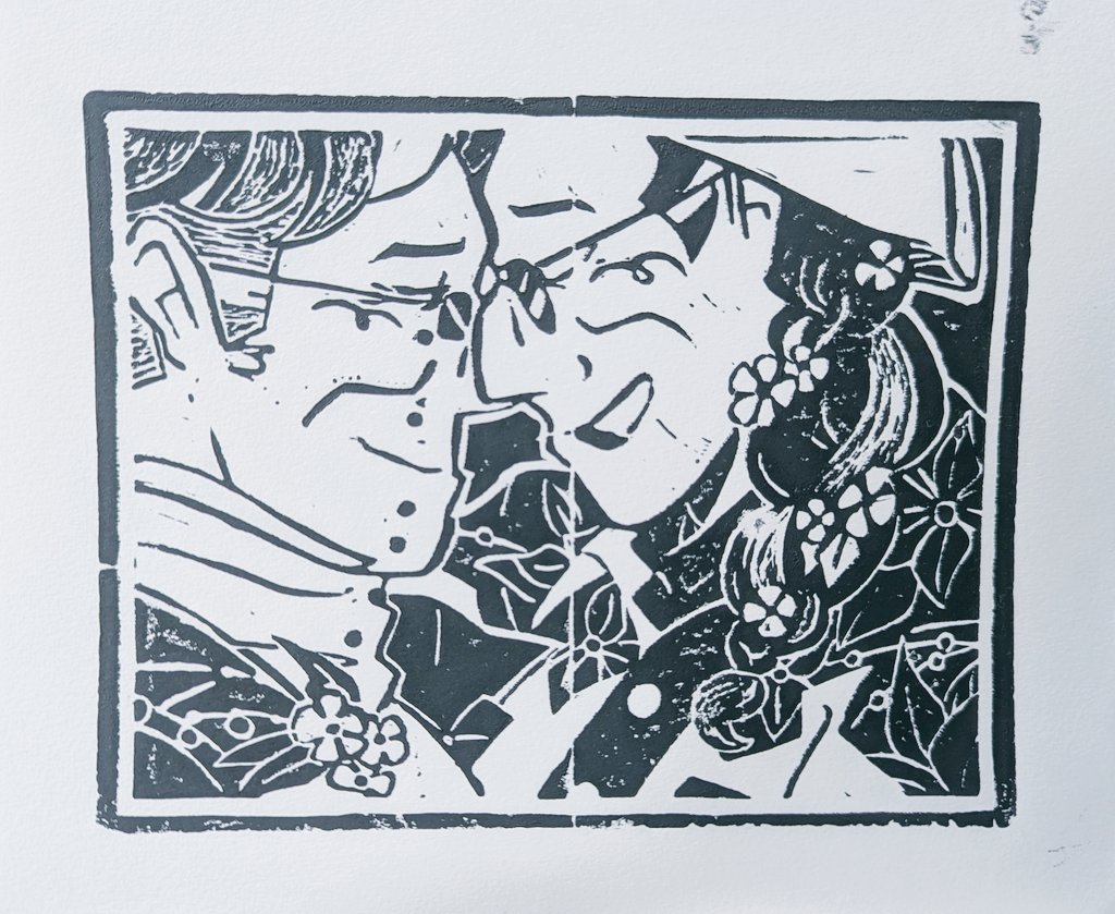 ST4ROFM0URNING's tweet image. Linoleum print with Thomas and Ernst (tf2 ocs)