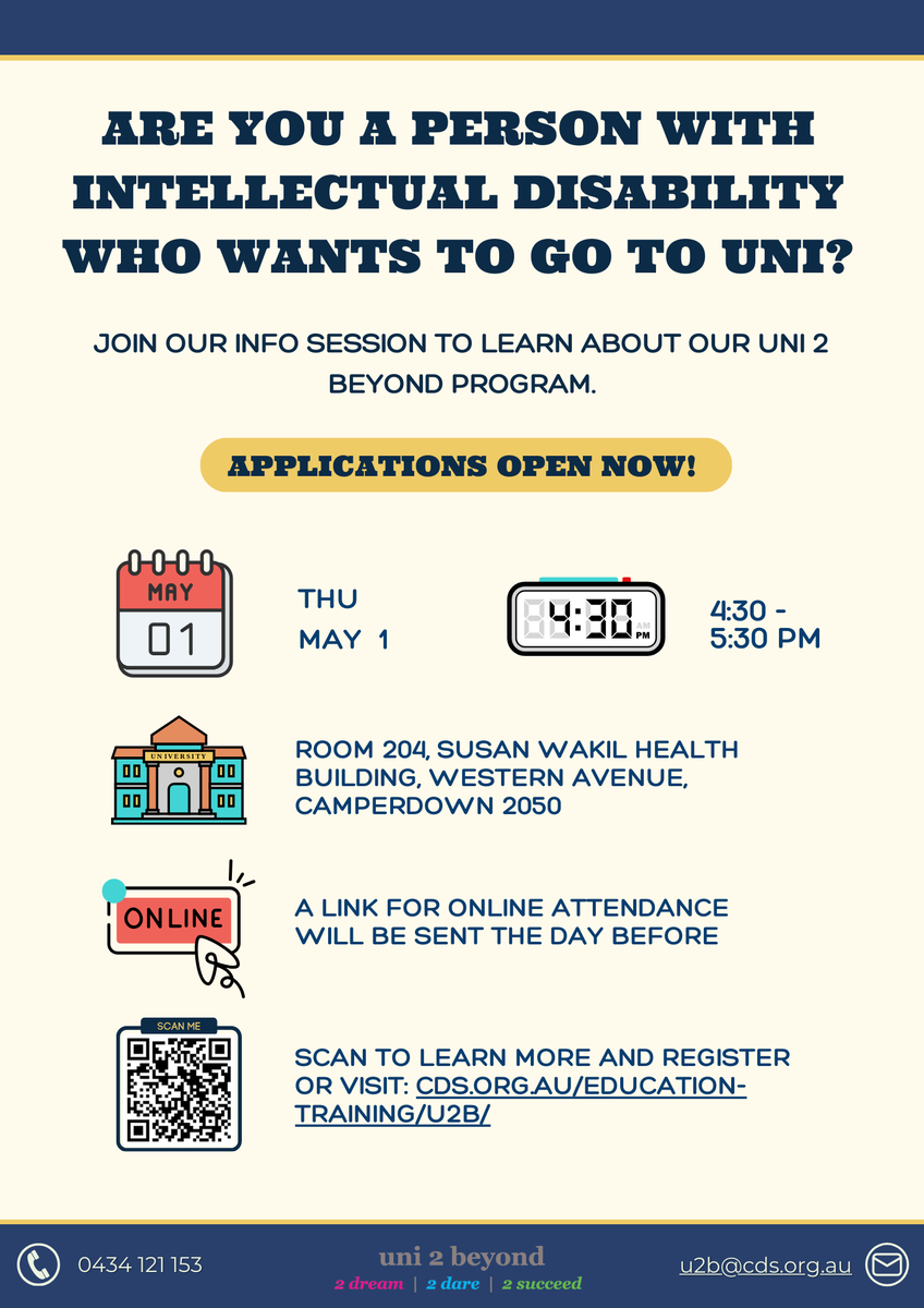 Are you a Person with Intellectual Disability who wants to go to Uni? Join our info session to learn about our uni 2 beyond program. Applications open now.

Thu 1 May 2025, 4:30 – 5:30 PM
Held at the University of Sydney and Online
Learn More and Register: cds.org.au/education-trai…