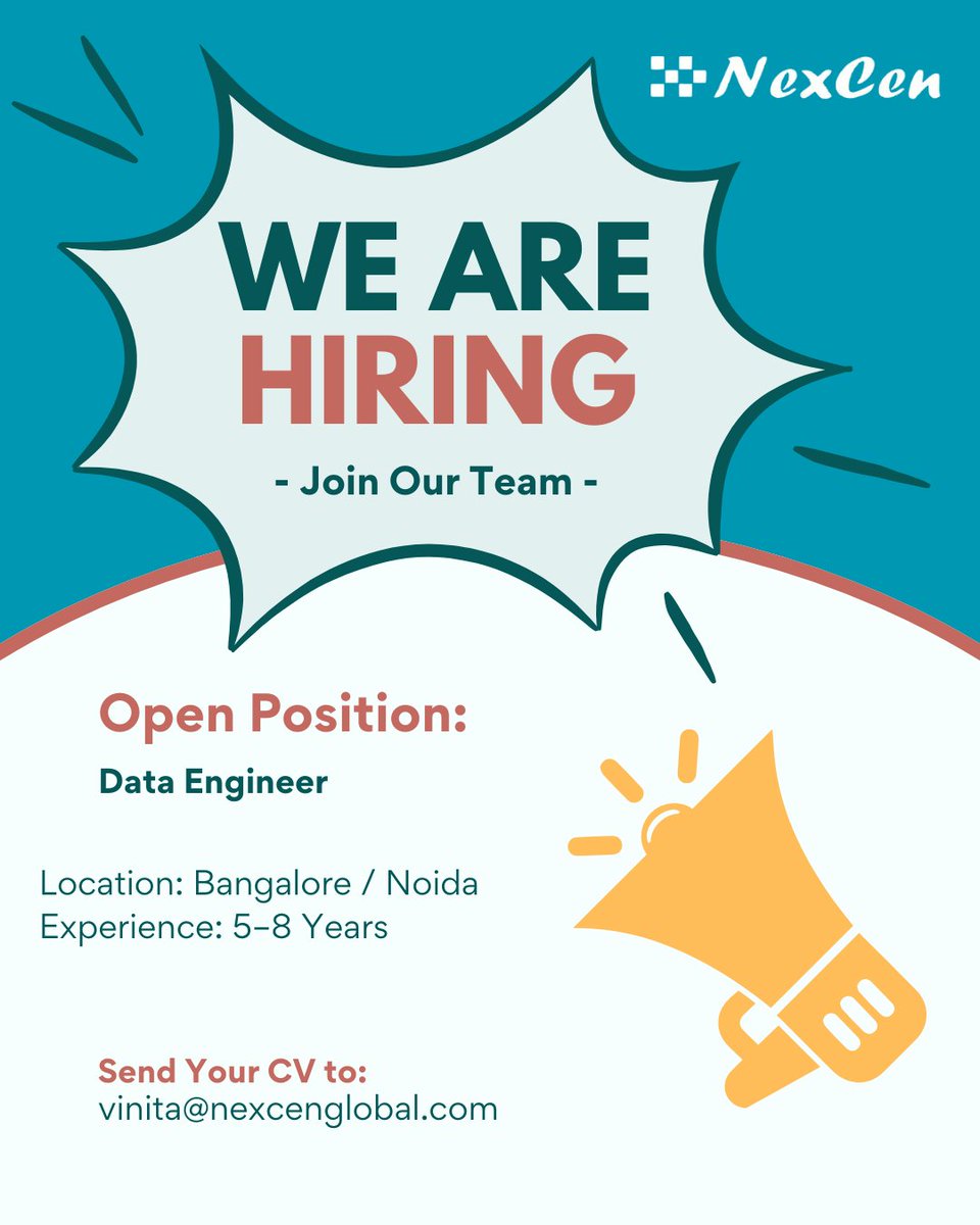 NexCenGlobal's tweet image. Job Alert: Data Engineer 
  Experience Required: (5–8 yrs)
 Location: Bangalore / Noida 
Skills: Azure, SQL, Databricks
📩 Apply: vinita@nexcenglobal.com

#dataengineer #azurejobs #sqljobs #databricks #cloudjobs #bangalorejobs #techhiring