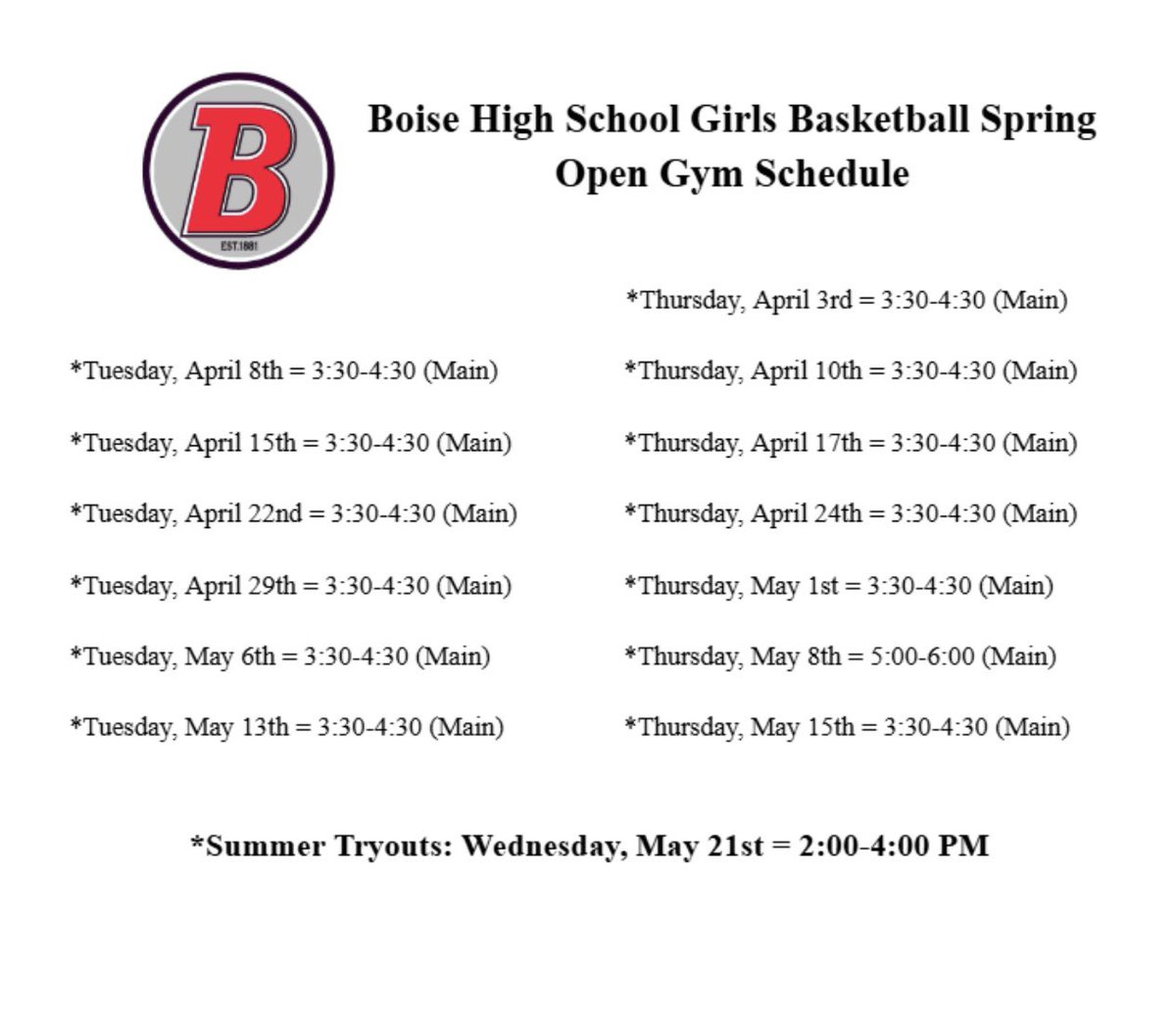 Open gym tomorrow!  See you there. 3:30-4:30pm in the main gym.
