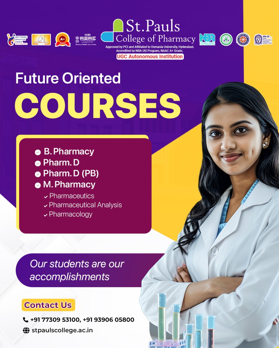 stpaulspharmacy's tweet photo. Future-Oriented #Courses, Bright Career Paths!💊
At #StPaulsCollegeOfPharmacy, we offer a range of programs designed to shape the #HealthcareInnovators of tomorrow:
📘 #B_Pharmacy
📘 #Pharm_D / #Pharm_D_PB
📘 #M_Pharmacy
#Pharmaceutics
#PharmaceuticalAnalysis
#Pharmacology https://t.co/YLHzRfVT0f