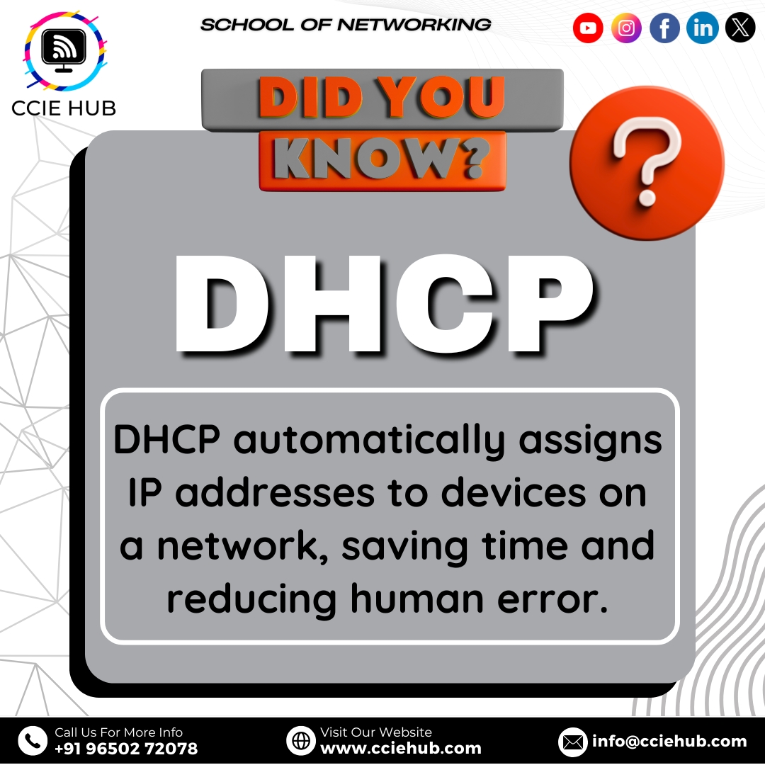 cciehub's tweet image. GYAN of the DAY,
📡 DHCP simplifies IP management by automatically assigning addresses to devices, saving time and reducing network errors. 🚀 #NetworkingSimplified
#DHCP #IPManagement #NetworkAutomation #CiscoTraining #NetworkTips #CCIEHUB #DidYouKnow #CCNA #CCNP #CCIE