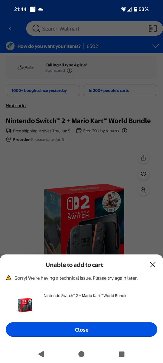 GrumpyAlloy's tweet photo. @Walmart thanks!! Waited in line for awhile. Next thing is when I attempted to add to cart I kept on getting this error! So much for trying to get a switch 2 https://t.co/gAKxeXzdpi