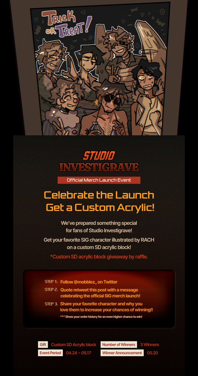 📢Official Merch Launch Event📢
Quote RT this post with a message
celebrating the launch of the official merch,
and 3 lucky winners will receive 
a custom acrylic illustrated by RACH
 — featuring your favorite SIG character!💖