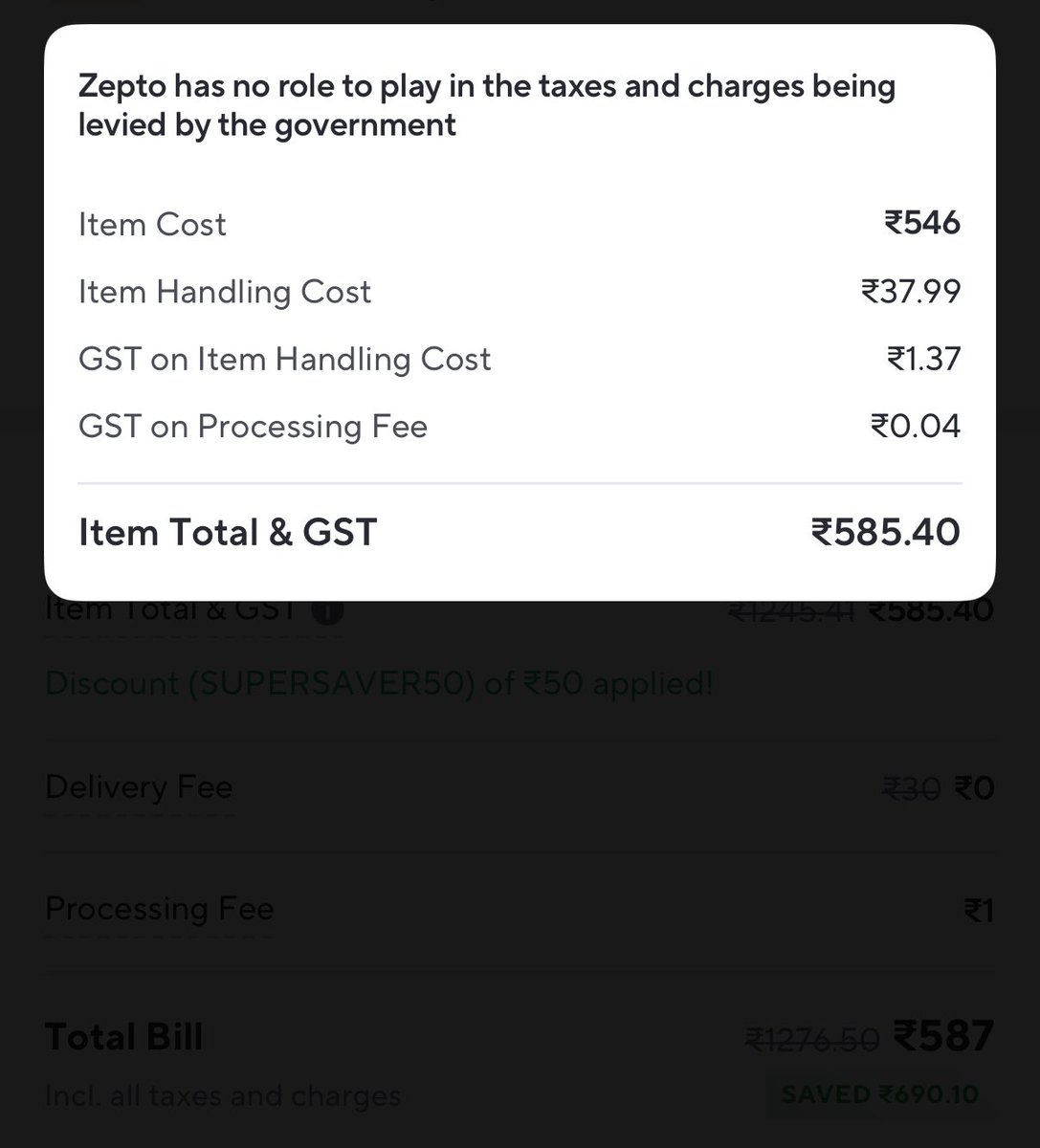 Rajdeep98139769's tweet photo. Order a few items from Zepto today, the total price was Rs. 546, they added a handling fee of Rs. 42 on it, moreover, they started charging a processing fee of Rs. 1.  What is this loot @ZeptoNow? @zeptocares #zeptoloot #onlineloot https://t.co/GtBYnsHZI0