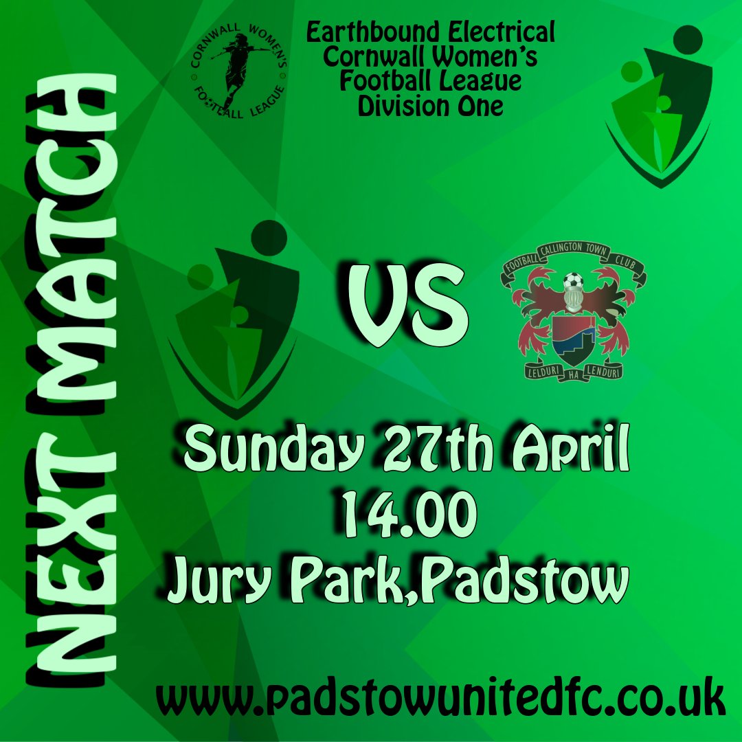 This coming Sunday,  before you all prepare your whites for May Day. Why not come and support the green of Padstow United Ladies. 
We face a very good Callington Town Women’s FC  side.
Kick off is 2pm 
#PadstowUnitedLadiesFC 
#OneClubOneCommunity