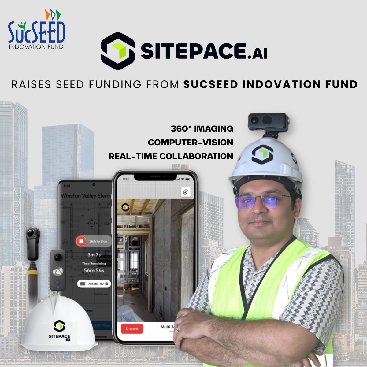 We’re excited to announce our investment in SitePace.ai!
Built for builders, by builders, their AI-powered platform transforms 360-degree helmet-mounted site videos into intelligent, time-stamped virtual tours with indoor positioning, replacing outdated 2D photos and