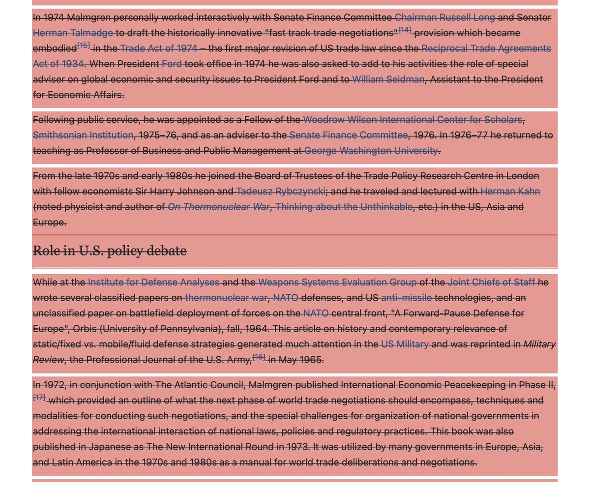 GoodTroubleShow's tweet photo. Most of Harald Malmgren's Wikipedia page has been deleted by skeptic/debunker Wikipedia editor "Chetsford"

@jimmy_wales are you okay with the debunker crowd defaming a former Presidential adviser?  Are you okay with what @SusanGerbic is doing on Wikipedia with her legion of 200+ editors on @Wikipedia ?  

@todd_mcmurtry 
@UAPDAG 
@RogueUAPTF 
@LueElizondo 
@MickWest