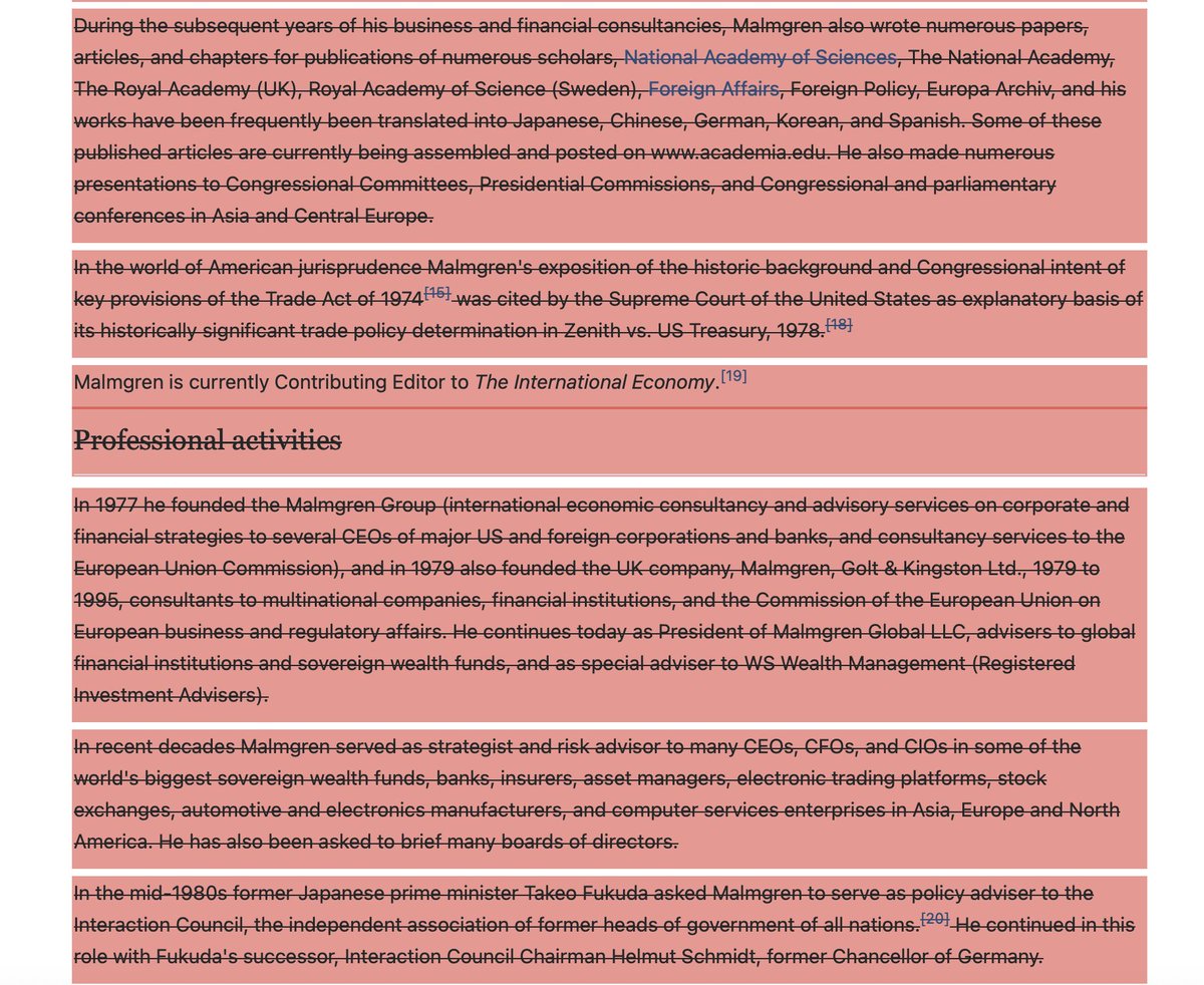 GoodTroubleShow's tweet photo. Most of Harald Malmgren's Wikipedia page has been deleted by skeptic/debunker Wikipedia editor "Chetsford"

@jimmy_wales are you okay with the debunker crowd defaming a former Presidential adviser?  Are you okay with what @SusanGerbic is doing on Wikipedia with her legion of 200+ editors on @Wikipedia ?  

@todd_mcmurtry 
@UAPDAG 
@RogueUAPTF 
@LueElizondo 
@MickWest