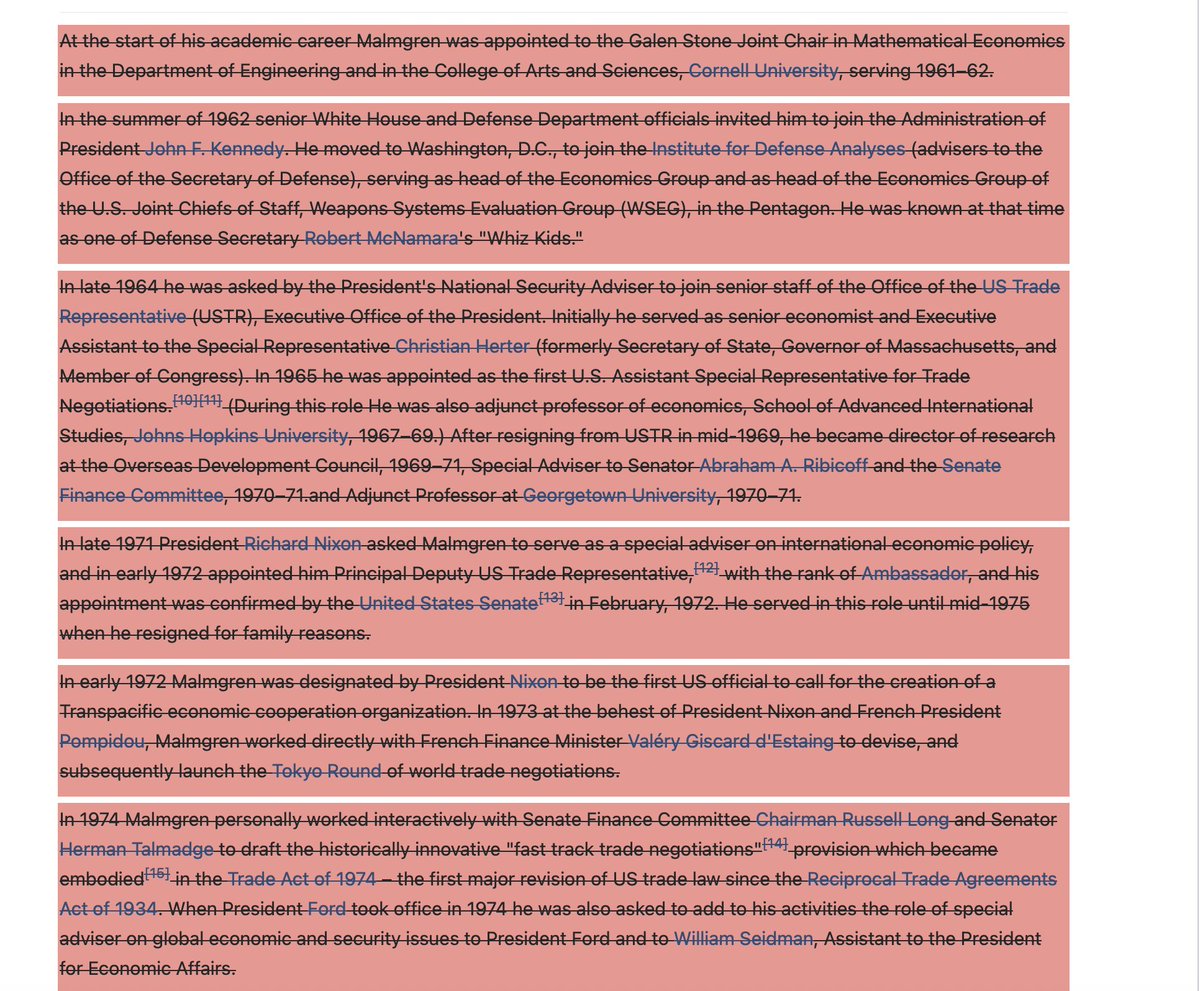 Most of Harald Malmgren's Wikipedia page has been deleted by skeptic/debunker Wikipedia editor "Chetsford"

<a href="/jimmy_wales/">Jimmy Wales</a> are you okay with the debunker crowd defaming a former Presidential adviser?  Are you okay with what <a href="/SusanGerbic/">Susan Gerbic</a> is doing on Wikipedia with her legion of 200+