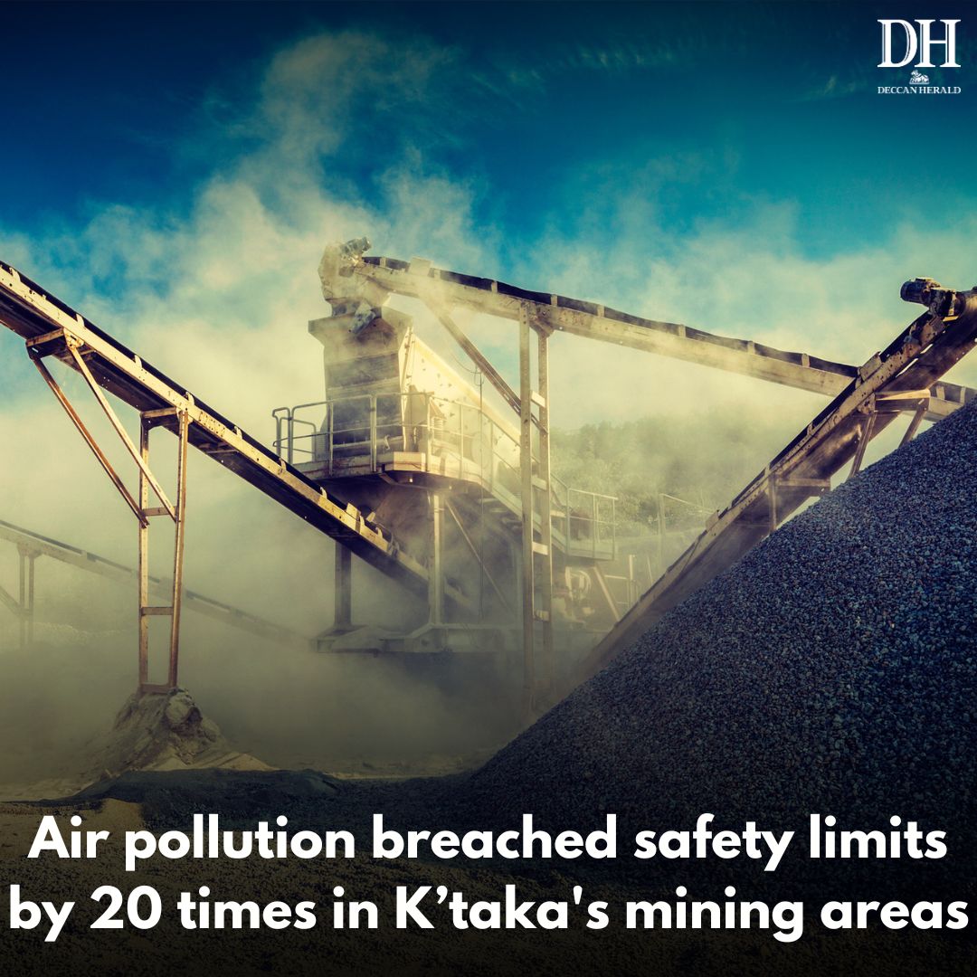 DeccanHerald's tweet photo. Amid a plea pending before the #SC to lift restrictions on #mining in #Karnataka, a KSPCB report has shown that #airpollution in mining areas was dangerously high, with the #pollutant PM10 exceeding standards set by the CPCB by 20 to 60 times.
https://t.co/WwalgaXd9K https://t.co/wAiE0ZyQSm