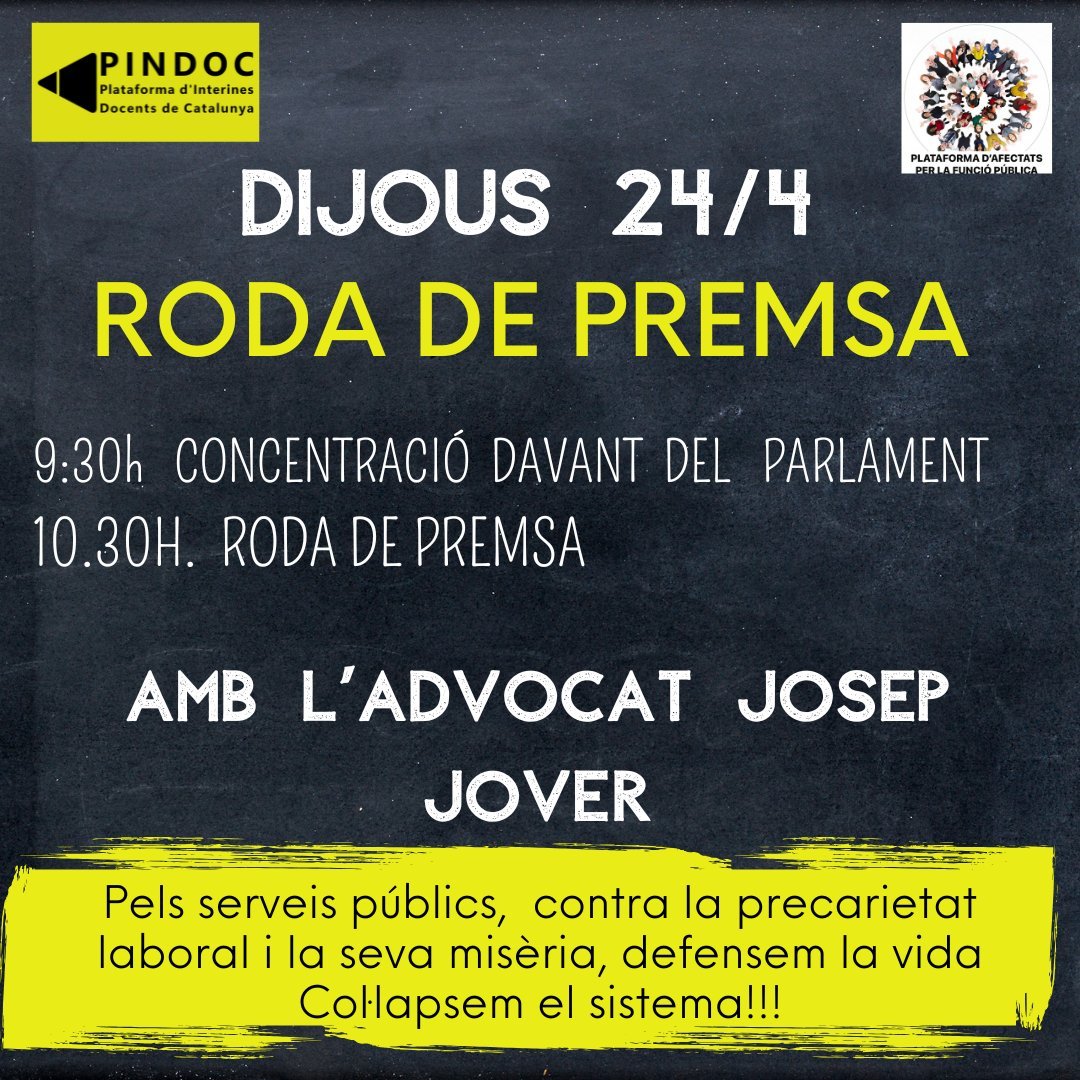 LluitaInterina's tweet image. 📢Us convidem a assistir en la concentració a favor de consolidar el personal interí i temporal del sector públic.

🎯Data: Dijous, 24 d&apos;abril de 2025
🕤Hora: 09:30 h
📌Lloc: @parlamentcat

✊Convoca: @PAFpublica, @PINDOCxCAT i altres

Us hi esperem!

#LluitaInterina #Fixesa