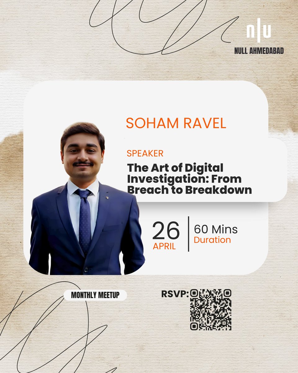 null Ahmedabad (n|u Ahmedabad) (@nullahm) on Twitter photo 🔍 Learn to investigate breaches at #nullahm!
Join Soham Raval for "The Art of Digital Investigation: From Breach to Breakdown" to learn forensic processes, tools, and practical techniques.
📅 RSVP: null.community/events/1120-ah…
<a href="/null0x00/">null - The Open Security Community</a>
#CyberSecurity #DigitalForensics 🔍 Learn to investigate breaches at #nullahm!
Join Soham Raval for "The Art of Digital Investigation: From Breach to Breakdown" to learn forensic processes, tools, and practical techniques.
📅 RSVP: null.community/events/1120-ah…
<a href="/null0x00/">null - The Open Security Community</a>
#CyberSecurity #DigitalForensics