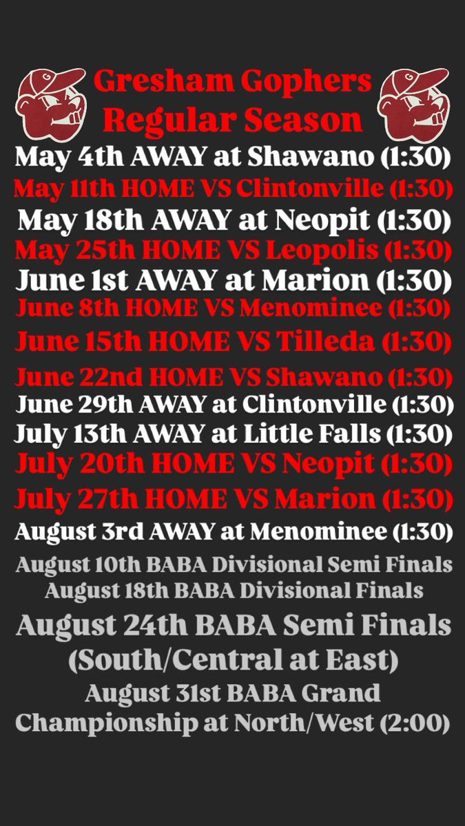 GreshamGophers's tweet image. GRESHAM GOPHERS 2025 SEASON SCHEDULE 🩶❤️#GOPHERNATION #GreshamGophersWI #GopherSeason