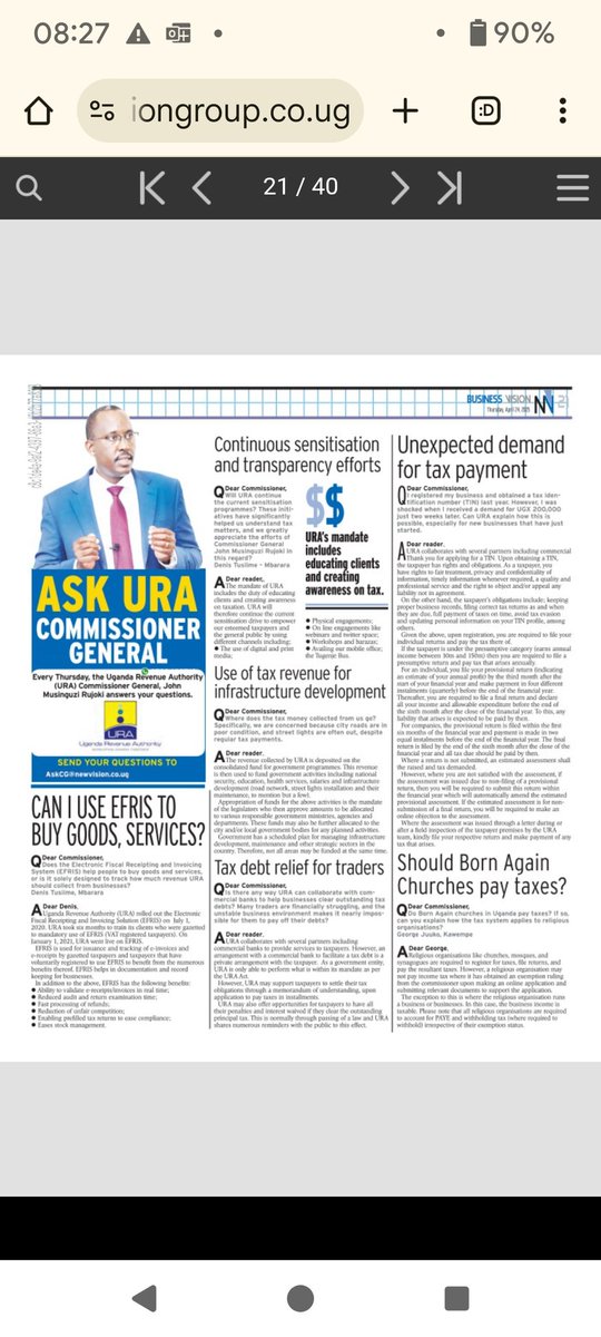 Barbara Kaija (@barbarakaija) on Twitter photo Every Thursday, the New Vision newspaper brings you an opportunity to interact with the <a href="/URAuganda/">Uganda Revenue Authority</a> Commissioner General. Send your tax questions and puzzles to AskCG@newvision.co.ug. For details, get a copy of Vision or subscribe herešš¾
editions.visiongroup.co.ug/html5/reader/p⦠Every Thursday, the New Vision newspaper brings you an opportunity to interact with the <a href="/URAuganda/">Uganda Revenue Authority</a> Commissioner General. Send your tax questions and puzzles to AskCG@newvision.co.ug. For details, get a copy of Vision or subscribe herešš¾
editions.visiongroup.co.ug/html5/reader/pā¦
