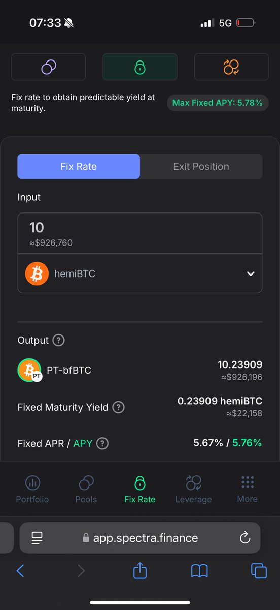 5.67% APR on 10 $BTC 

Extra 0.239 $BTC at maturity 

Only on <a href="/spectra_finance/">Spectra</a> 👇

app.spectra.finance/fixed-rate/hem…