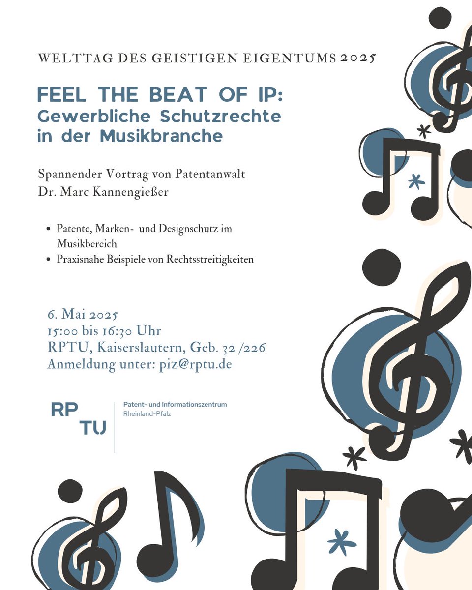 RPTU Transfer (@rptu_transfer) on Twitter photo 🎶 Musik machen ist kreativ – sie zu schützen ist strategisch!
Am 6. Mai um 15 Uhr zeigt Dr. Marc Kannengießer an der RPTU, wie’s geht.
👉 Jetzt anmelden: piz@rptu.de
📍 RPTU Kaiserslautern, Geb. 32
#FeelTheBeatOfIP #Musikrecht #IPDay #RPTU #GeistigesEigentum <a href="/WorldIPDay/">WorldIPDay</a> 🎶 Musik machen ist kreativ – sie zu schützen ist strategisch!
Am 6. Mai um 15 Uhr zeigt Dr. Marc Kannengießer an der RPTU, wie’s geht.
👉 Jetzt anmelden: piz@rptu.de
📍 RPTU Kaiserslautern, Geb. 32
#FeelTheBeatOfIP #Musikrecht #IPDay #RPTU #GeistigesEigentum <a href="/WorldIPDay/">WorldIPDay</a>