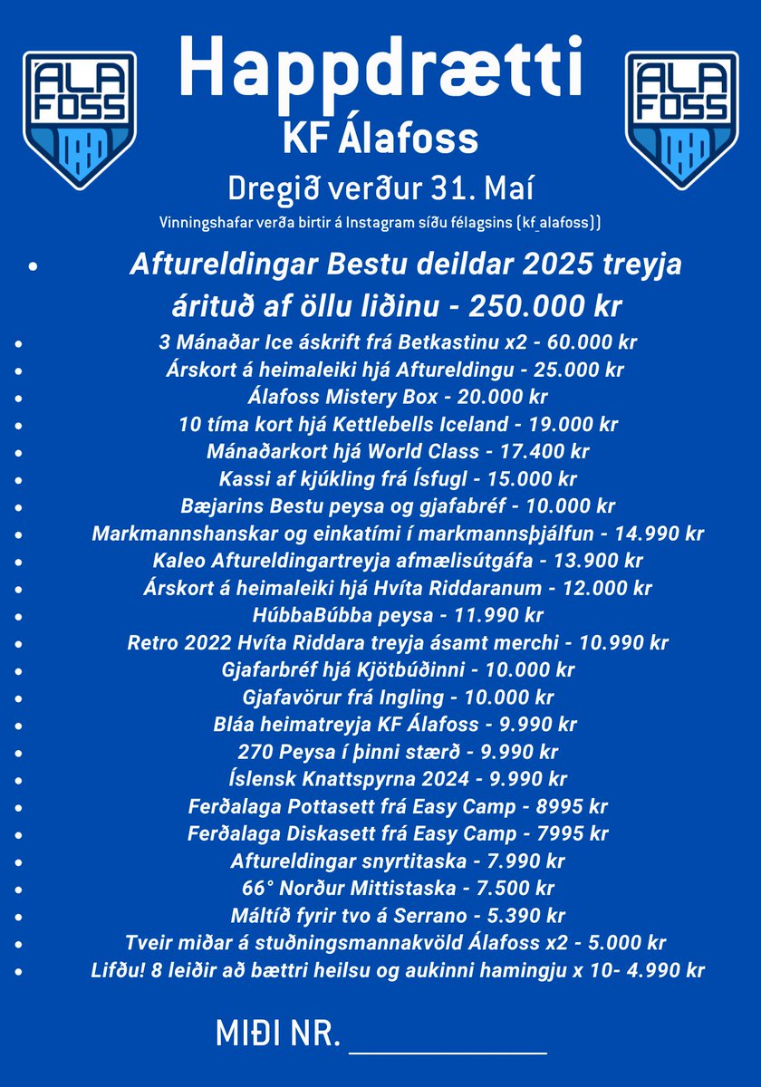 Við minnum á sumarhappdrættið okkar sem er í fullum gangi!

Miðaverð:
1 miði = 1.500 krónur
5 miðar = 5.000 krónur

Endilega kommentið hér undir ef að þið hafið áhuga á að styrkja félagið, og eiga að aukum möguleika á að vinna þessa frábæru vinninga!