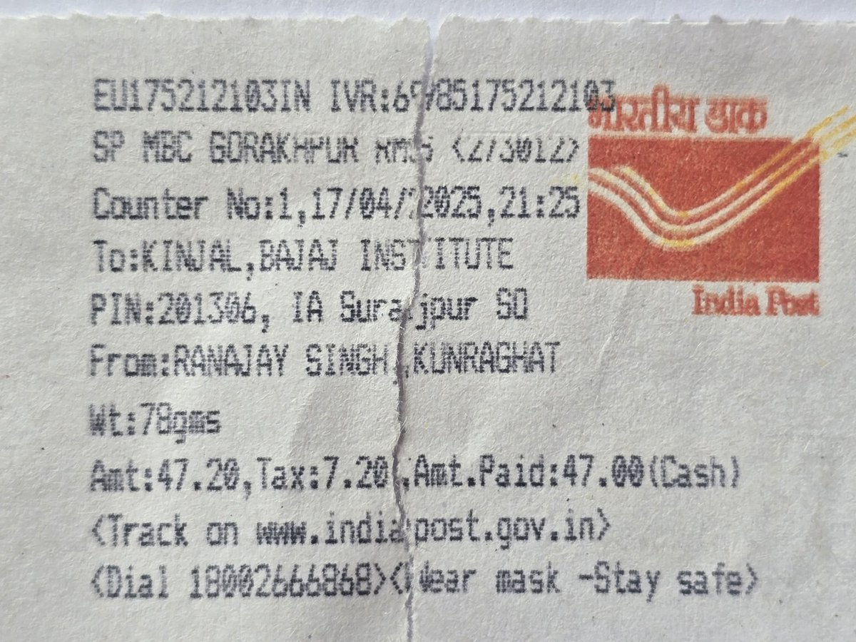 RTI_pradeep's tweet photo. भतीजी का कुछ जरूरी दस्तावेज स्पीड पोस्ट द्वारा 17 अप्रैल को गोरखपुर से जी एल बजाज इंस्टीट्यूट को भेजा।उस पर मोबाइल नम्बर लिखा हुआ है।लेकिन आज 7 दिन हो गया अभी तक स्पीड पोस्ट नही पहुचा।लापरवाही की हद है।संज्ञान लीजिये महोदय और तत्क��ल दस्तावेज उपलब्ध करवाइए। https://t.co/sKCubevRuB