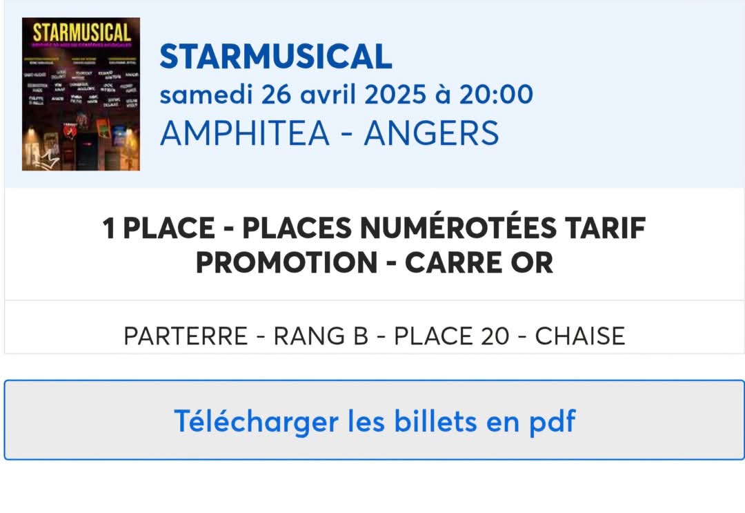 Minitoile's tweet photo. Hey ! JE vends une place pour le spectacle STAR MUSICAL à Angers samedi 26 avril, à 20h.

J'ai les factures, je l'ai payé 57€ — Je la revend 50€, négociable sans trop abuser. 

Merci beaucoup

#Comediemusicale #Starmusical #Reventebillets https://t.co/q4uibhc4lh