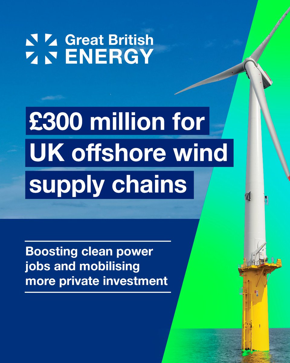 We’re investing £300 million in offshore wind clean energy supply chains.

This will boost UK clean energy jobs, mobilise private investment and secure manufacturing facilities for critical clean energy supply chains, like floating offshore platforms.