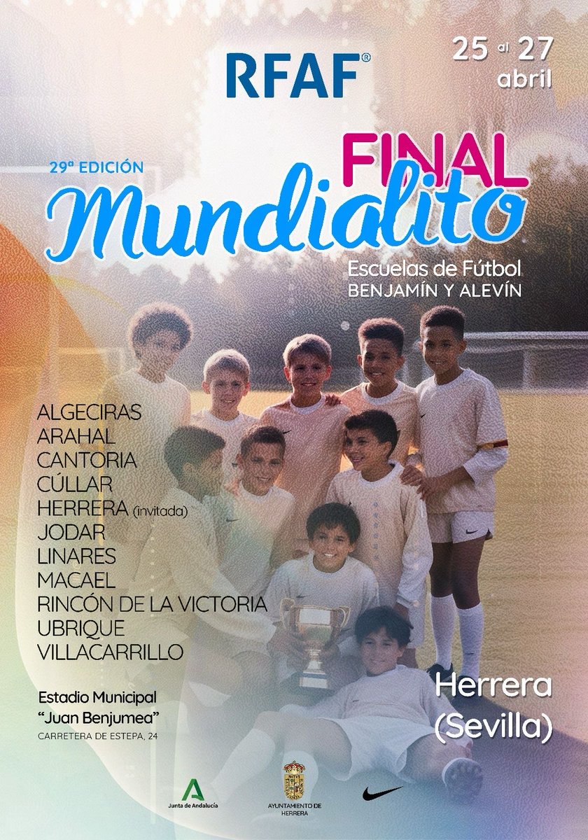 ⚽ La <a href="/EMFutbol7Rincon/">Escuela Fútbol Rincon</a> disputa este fin de semana la fase final del 29° Mundialito de Escuelas para categorías Benjamín y Alevín.

👉🏻 Para este torneo en Herrera (Sevilla) se han clasificado las ocho mejores escuelas de Andalucía.

¡Suerte, chicos! 💪🏻 #RincónEsDeporte