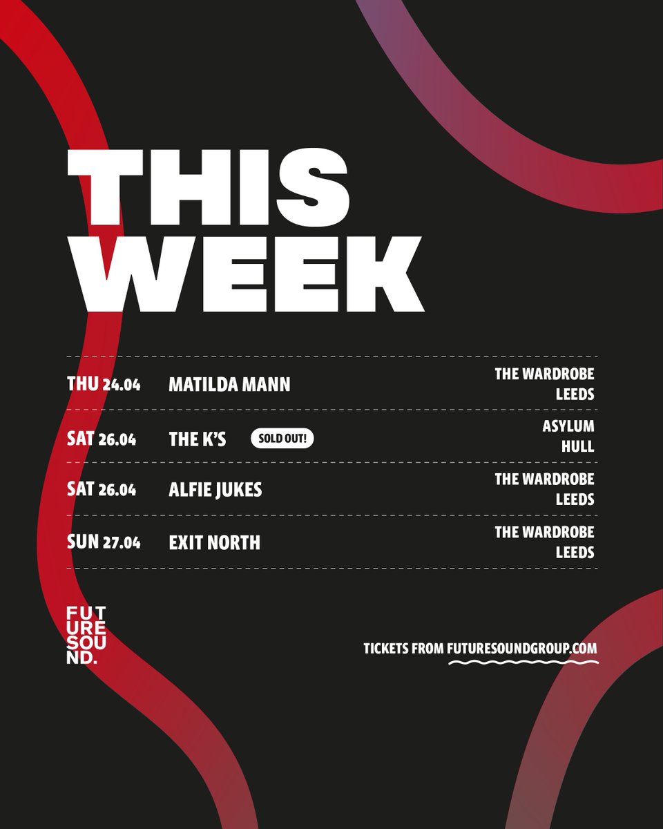 Futuresound (@futuresoundshow) on Twitter photo WHAT'S ON THIS WEEK! Kicking things off with <a href="/matildathemann/">Matilda Mann</a> tonight at <a href="/wardrobeleeds/">The Wardrobe Leeds</a>!
Tickets available at 🎟️ futuresound.seetickets.com WHAT'S ON THIS WEEK! Kicking things off with <a href="/matildathemann/">Matilda Mann</a> tonight at <a href="/wardrobeleeds/">The Wardrobe Leeds</a>!
Tickets available at 🎟️ futuresound.seetickets.com