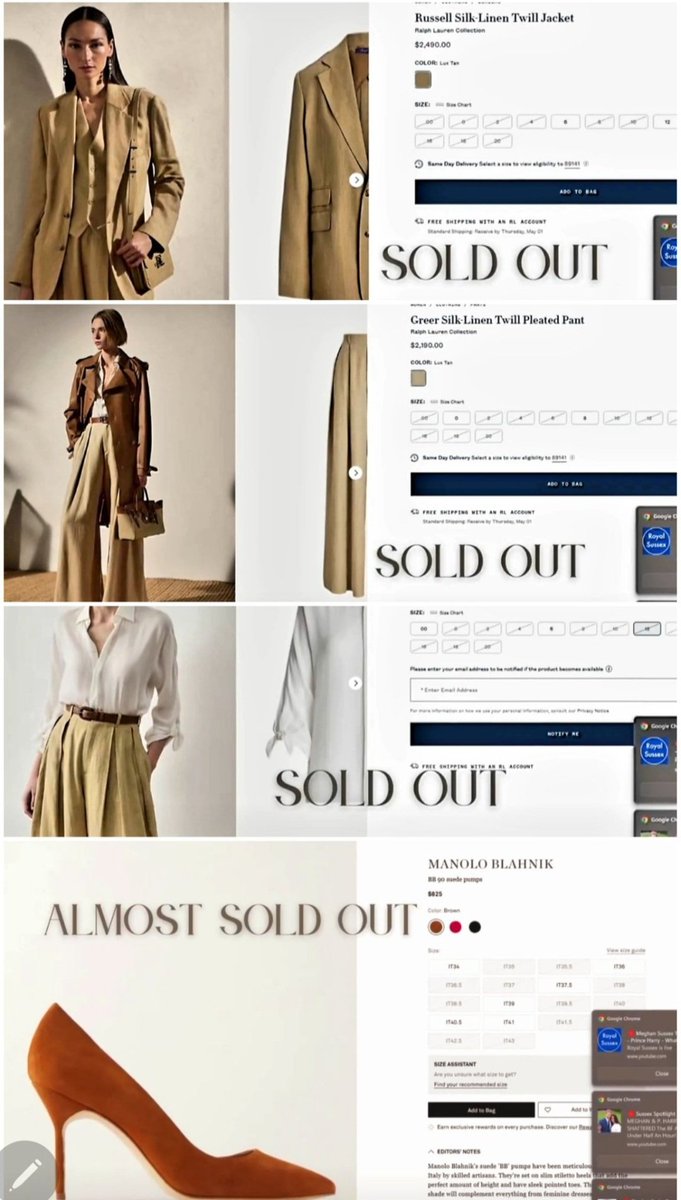 HaleyTrace38701's tweet photo. The Meghan Effect is real.

$2,490 jackets=Sold out

$2,190 trousers=Sold out

Chic blouse=Gone

Even the Manolos=Almost gone

One appearance from Meghan Markle! She doesn’t just influence fashion. She defines it.

#MeghanMarkle
#RalphLauren 
#HarryandMeghan 
@RoyalFamily https://t.co/lAkfkMICI8