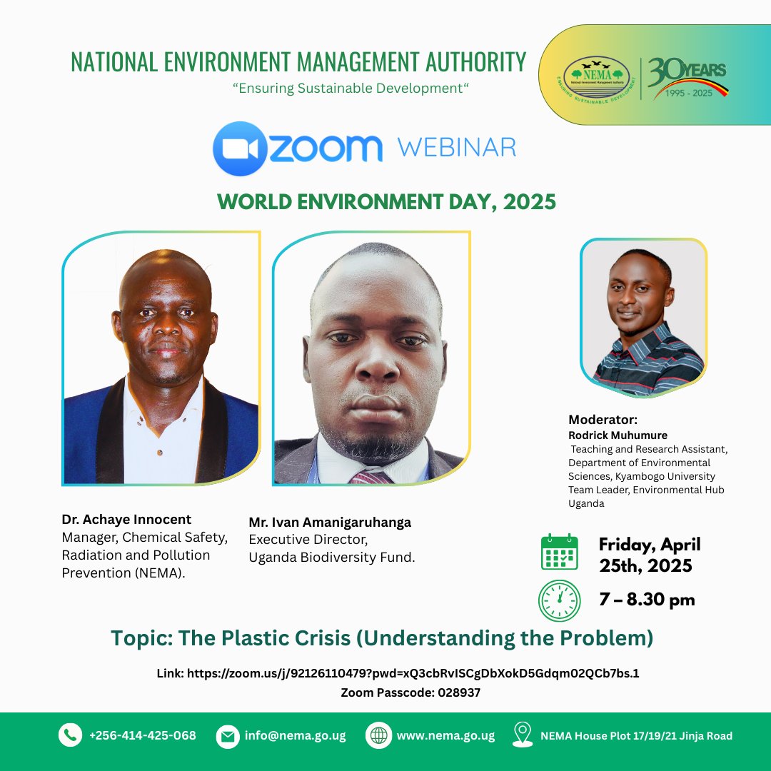 National Environment Management Authority (NEMA) (@nemaug) on Twitter photo ๐ช๐๐๐๐ก๐๐ฅ ๐๐๐๐ฅ๐ง!
Discussing the root causes, impacts, and proposed solutions to plastic pollution in Uganda.
๐๐ฎ๐๐ฒ: ๐๐ฟ๐ถ๐ฑ๐ฎ๐, ๐๐ฝ๐ฟ๐ถ๐น ๐ฎ๐ฑ๐๐ต, ๐ฎ๐ฌ๐ฎ๐ฑ
๐ง๐ถ๐บ๐ฒ: ๐ณ๐ฝ๐บ โ ๐ด.๐ฏ๐ฌ ๐ฝ๐บ
๐ฃ๐น๐ฎ๐๐ณ๐ผ๐ฟ๐บ: ๐ญ๐ผ๐ผ๐บ
Link: zoom.us/j/92126110479?โฆ
Passcode: 028397 ๐ช๐๐๐๐ก๐๐ฅ ๐๐๐๐ฅ๐ง!
Discussing the root causes, impacts, and proposed solutions to plastic pollution in Uganda.
๐๐ฎ๐๐ฒ: ๐๐ฟ๐ถ๐ฑ๐ฎ๐, ๐๐ฝ๐ฟ๐ถ๐น ๐ฎ๐ฑ๐๐ต, ๐ฎ๐ฌ๐ฎ๐ฑ
๐ง๐ถ๐บ๐ฒ: ๐ณ๐ฝ๐บ โ ๐ด.๐ฏ๐ฌ ๐ฝ๐บ
๐ฃ๐น๐ฎ๐๐ณ๐ผ๐ฟ๐บ: ๐ญ๐ผ๐ผ๐บ
Link: zoom.us/j/92126110479?โฆ
Passcode: 028397