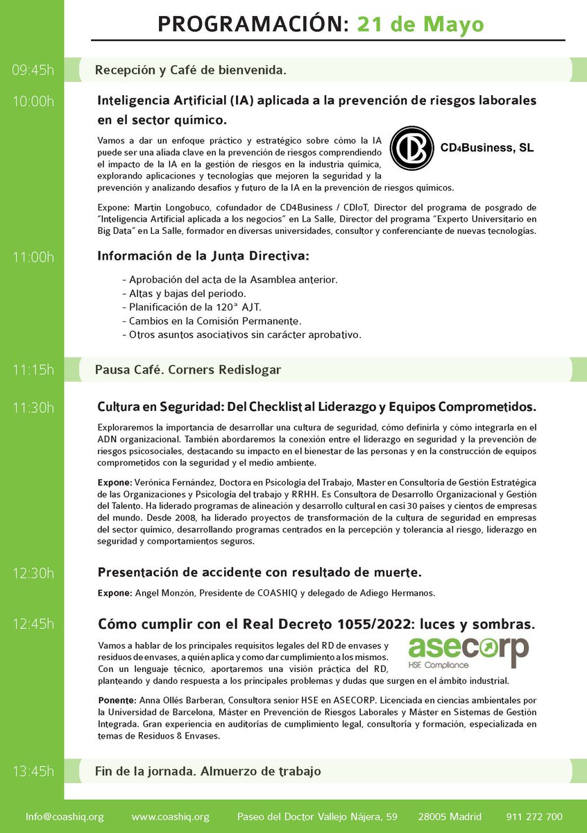 Nos vamos a Santander a celebrar nuestra 119ª Asamblea-Jornada Técnica y a entregar nuestros tradicionales Premios COASHIQ a la Gestión de la Seguridad y, por primera vez, los Premios COASHIQ a la Sostenibilidad. Gracias a ponentes y patrocinador por su colaboración.