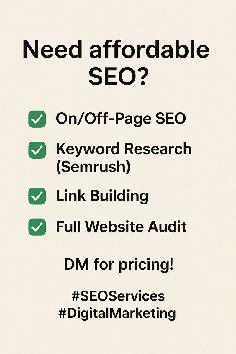 MuhammadNa78976's tweet photo. Need affordable #SEO?
✅ On/Off-Page SEO
✅ Keyword Research (Semrush)
✅ Link Building
✅ Full Website Audit
📩 DM for pricing! #SEOServices #DigitalMarketing https://t.co/cqP3dEWhcn