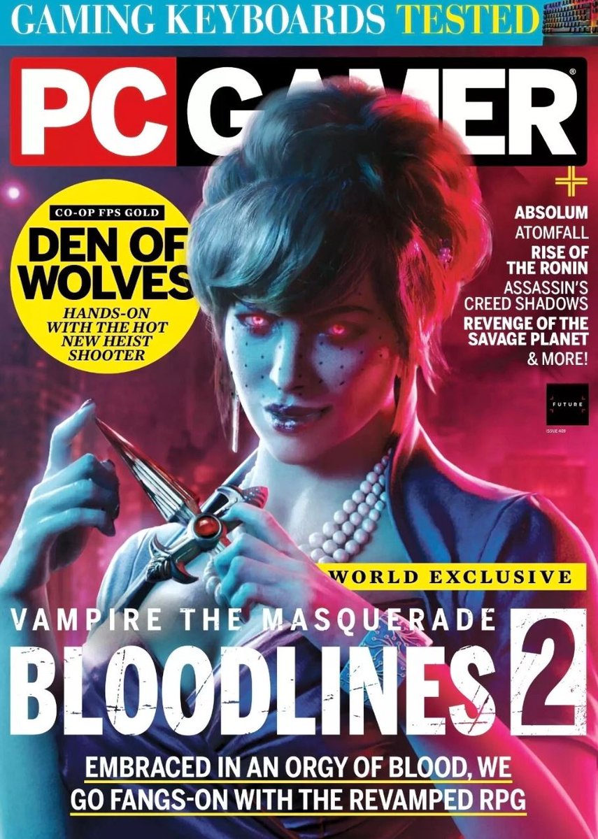 atkaygee's tweet image. Exciting seeing @VtM_Bloodlines take the cover of the latest @pcgamer Magazine Issue!!! 🫦