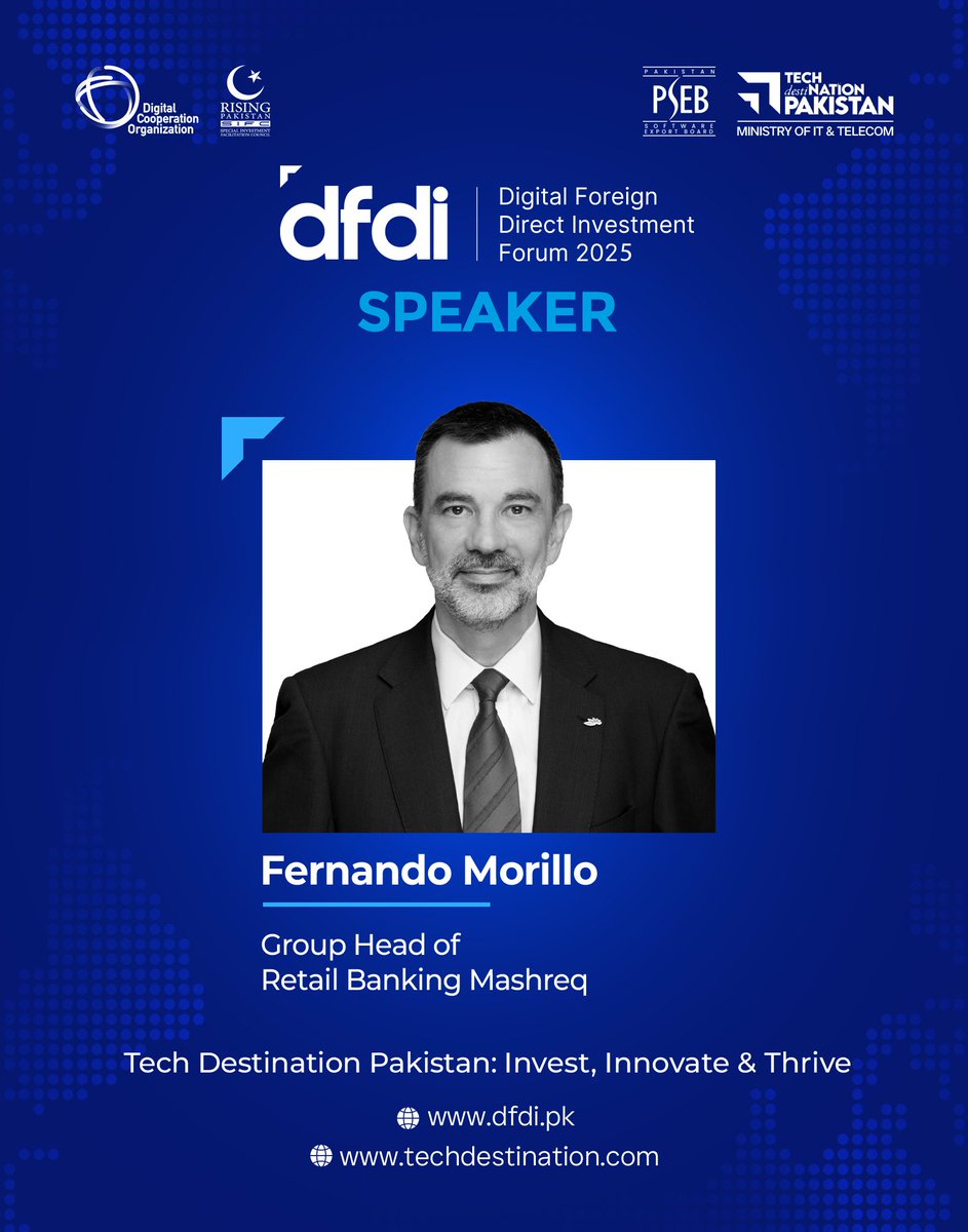 dfdiforum's tweet photo. We’re excited to welcome Mr. Fernando Morillo, Group Head of Retail Banking at Mashreq, to the @dfdiforum 2025 — where global leaders will shape the conversation on digital investment, innovation, and inclusive growth.
#dfdi2025 #DigitalProsperity4All #dfdiforum #DigitalPakistan https://t.co/dGLfnDyMIV