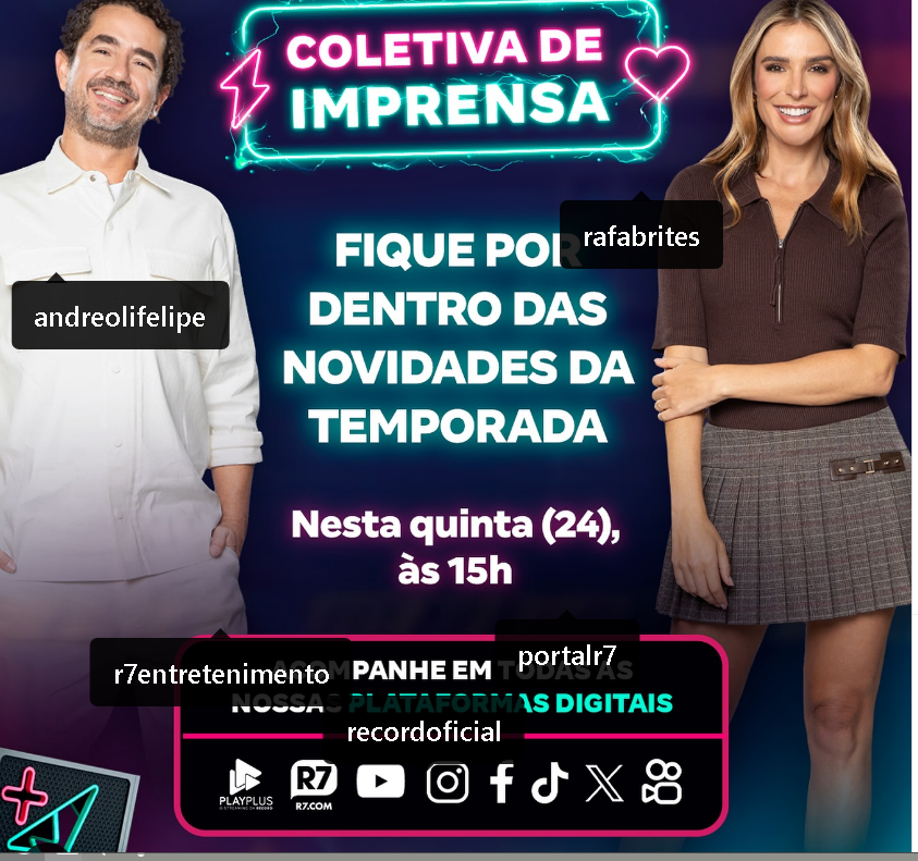 ImperioDocShoes's tweet photo. Atenção Amanhã dia 24/04 as 15 horas. Acompanhe a Coletiva de Imprensa do “Power Couple 7” , confira tudo sobre o Reality dos Casais que estreia dia 29/04 na Record, é Imperdivel , venha #PowerCouple2025😎👍🫦🍀❤️ https://t.co/U8zdP34hEw