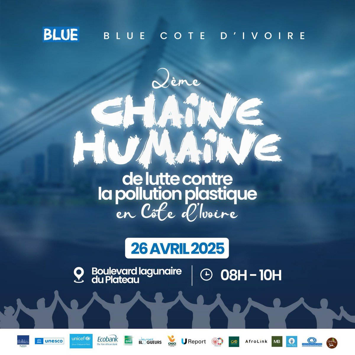 26 avril – Plateau – 08H
Ta présence compte, ton engagement aussi !
Rejoins-nous pour la 2ème chaîne humaine de lutte contre la #PollutionPlastique avec Blue Côte d'Ivoire !
