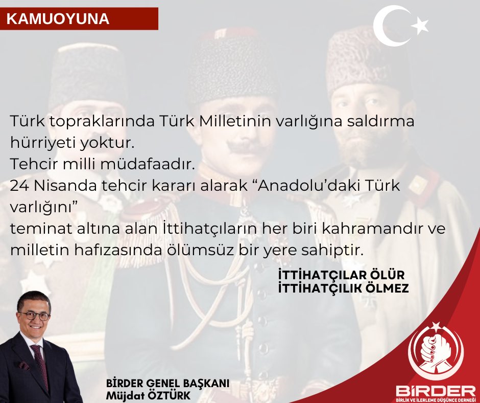 Türk topraklarında Türk Milletinin varlığına saldırma hürriyeti yoktur.
Tehcir milli müdafaadır.
24 Nisanda tehcir kararı alarak “Anadolu’daki Türk varlığını”
teminat altına alan İttihatçıların her biri kahramandır ve milletin hafızasında ölümsüz bir yere sahiptir.
#tehcir