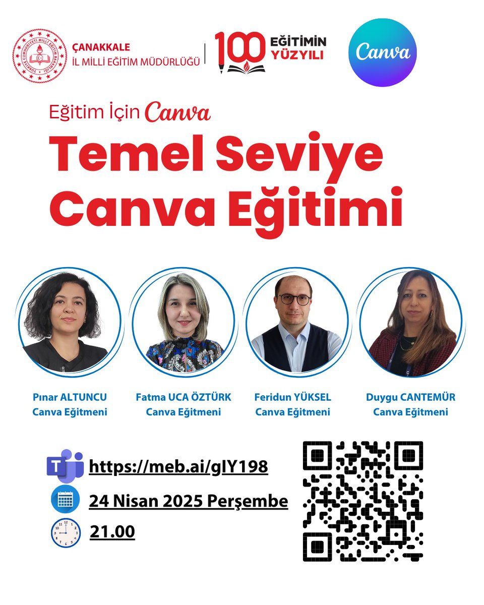 canakkale_arge's tweet photo. 📢Çevrim İçi Uygulamalı Temel Seviye Canva Eğitimi 

🗓24 Nisan 2025 

⏰21.00

🔗 https://t.co/QGho45ZOQm

Toplantı Kimliği: 334 586 022 396 5
Geçiş kodu: kh39im9z

📌Eğitime ad soyad, il ve okul bilgileri ile giriş yapılmalıdır.
@tcmeb @mineaktashayta @mebyegitek https://t.co/uhJzsufjQw